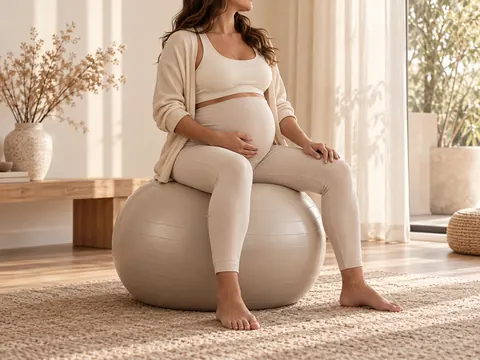 Gestante sentada em uma bola suíça com a mão na barriga