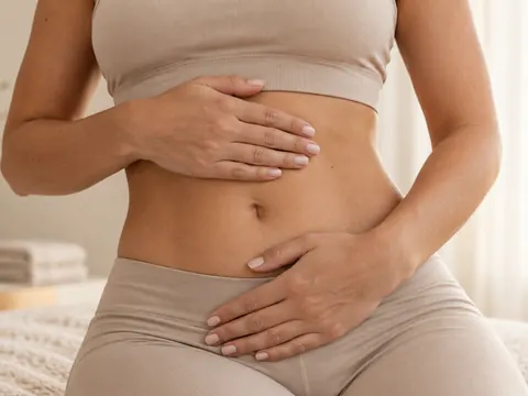 Abdômen de mulher em roupa de ginástica bege, com as mãos sobre a barriga